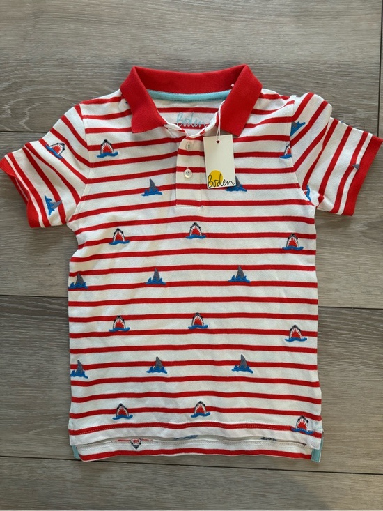 Boden Other - Boden Red & White Striped Polo with Blue Shark Motif